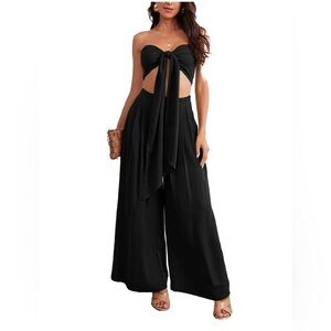 Solid Tie Front Crop Tube Top & Fold Pleated Wide Leg Pants For Summer